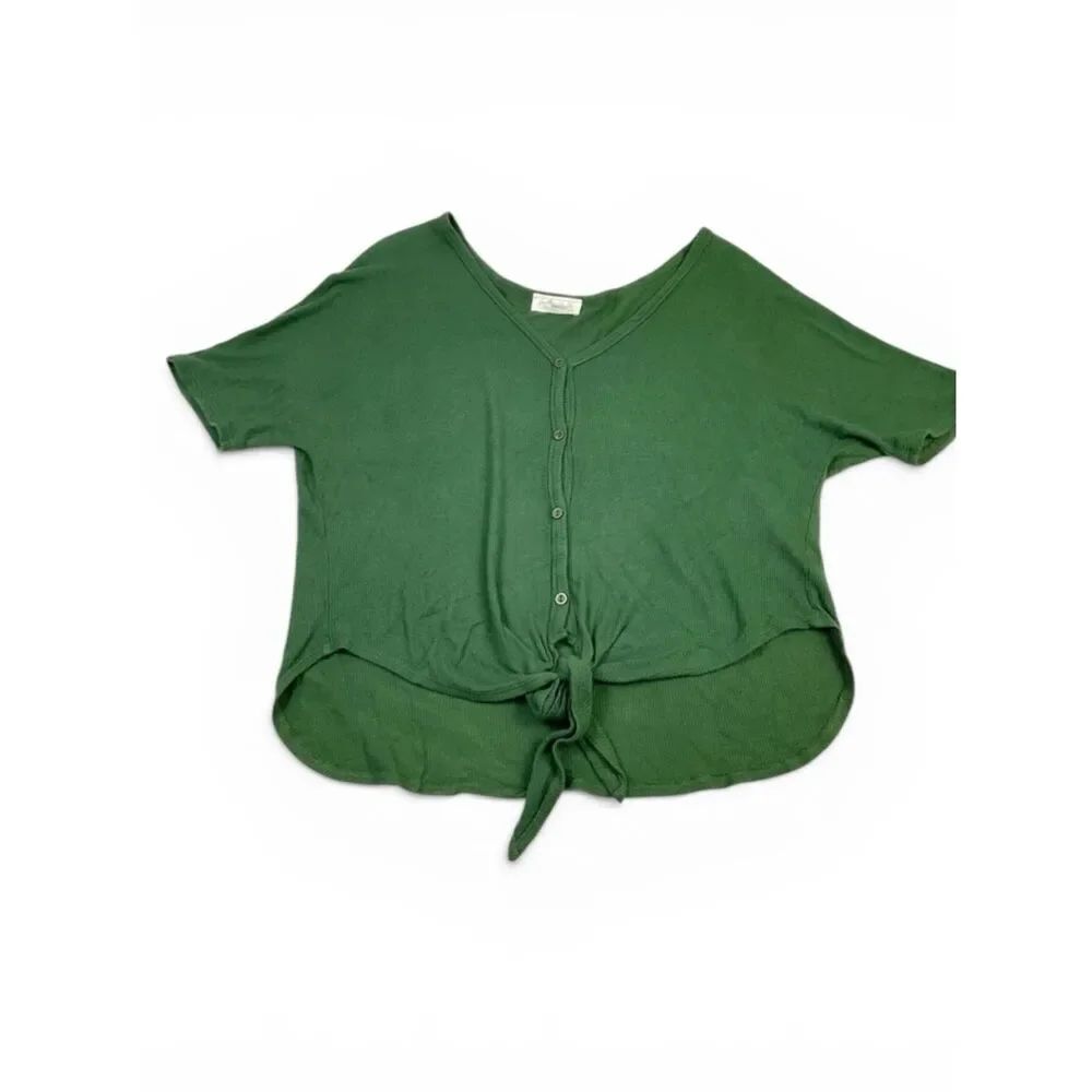 Lavender Field Tie Front Cropped Top Green Relaxed Fit Soft Draped Chic Shirt M